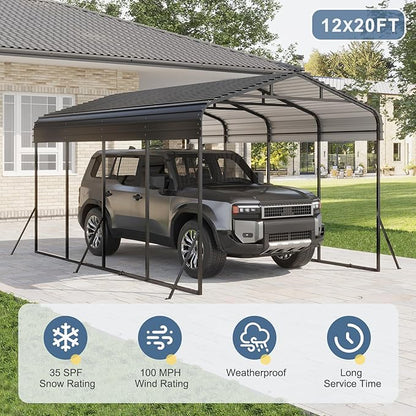 12x20 FT Metal Carport, Garage with Updated Frame Structure, Galvanized Steel Roof and Enhanced Base Canopy, Metal Garage Car Shelter Shade for Car, Boats and Truck