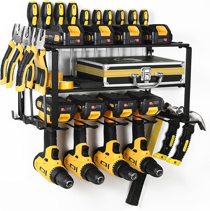 Power Tool Organizer Wall Mount,battery storage rack,Heavy Duty Iron Material, Garage & Workshop Tool Organizer Storage,150Lbs Load 3 Layers Storage Rack with 4 Drill Holders for Drills Cordless Tools