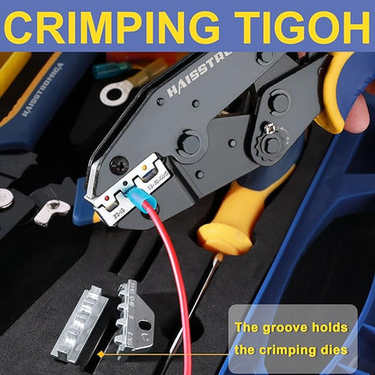 haisstronica Crimping Tool Set - 6PCS Crimping Die for Heat Shrink,Insulated Nylon,Non-Insulated,Ferrule Wire End,Open Barrel Terminals,Solar Connectors - with Wire Stripper Tool and Screwdriver