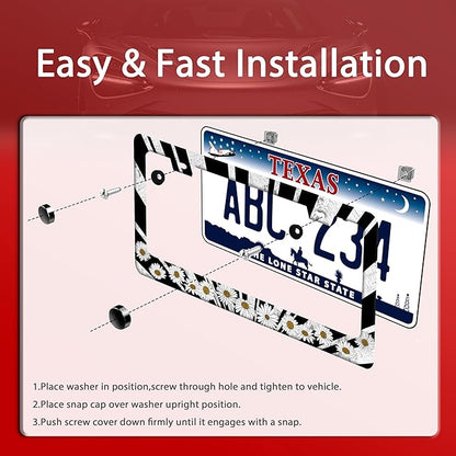 Sun License Plate Frame Black White Daisy Flowers License Plate Frames Funny Auto Accessories Bracket Stainless Steel License Plate with Screw 6x12 Inch