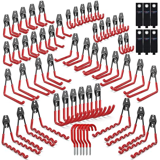 3-H Garage Wall Hooks 60 Pack, Heavy Duty Garage Hooks with Extra Welding Spots, Wall Mount Storage Organizer for Hanging Garden Lawn Tools, Ladder, Bike, WeedEater, Chair, Shovel, Blower (Red)