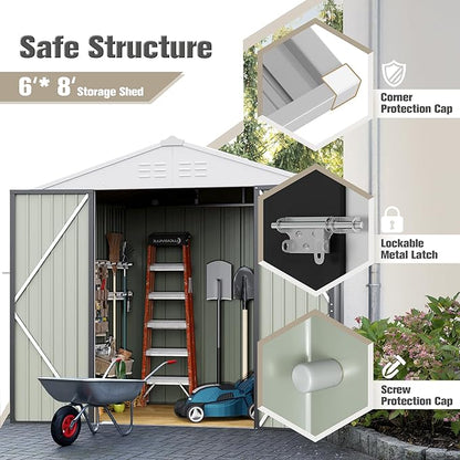 JUMMICO Metal Outdoor Storage Shed 6 x 8 FT Metal Shed with Lockable Door,Waterproof Garden Tool Shed Storage House for Backyard Patio Lawn,Grey