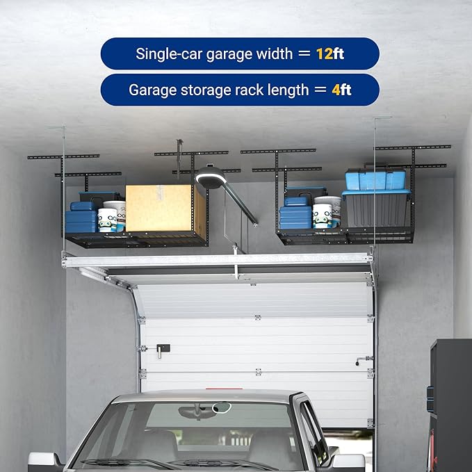 FLEXIMOUNTS 3x4 Overhead Garage Storage Rack, Adjustable Organization System, Heavy-Duty Metal Ceiling Racks, 275lbs Weight Capacity, Black