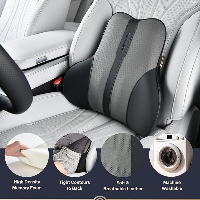 Coverado Lumbar Support Pillow for Car, Ergonomic Memory Foam Back Pillow for Office Chair, Back Cushion for Back Pain Relief, PU Leather Car Lumbar Support for Driving Seat - Black&Gray