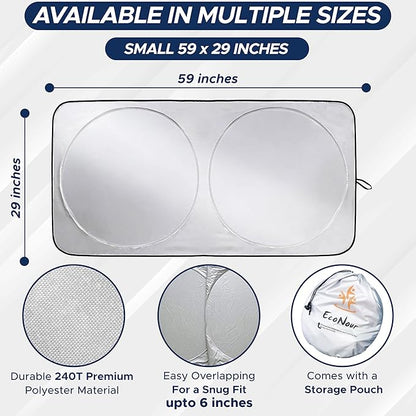 EcoNour Car Windshield Sun Shade | 2025 Upgraded Innovative No-Light-Pass Technology for Maximum Coverage | Foldable Sun Shade Keeps Your Vehicle Cool | Must-Have Car Accessories | Small (59" x 29")
