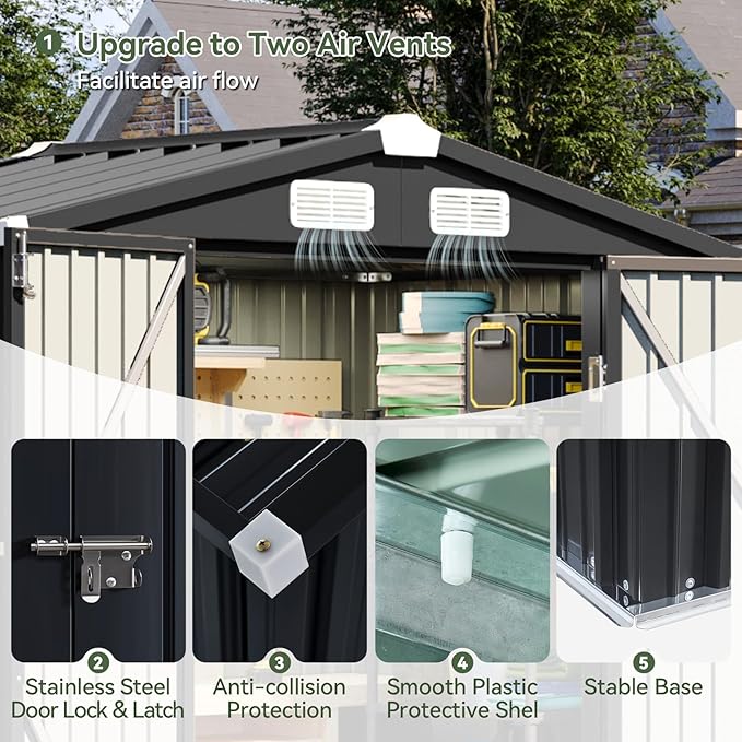Aoxun 6x3.9 FT Shed with Base Metal Outdoor Storage Shed Garden Shed with Lockable Doors Tool Shed Bike Shed for Backyard, Patio, Poolside (Black)