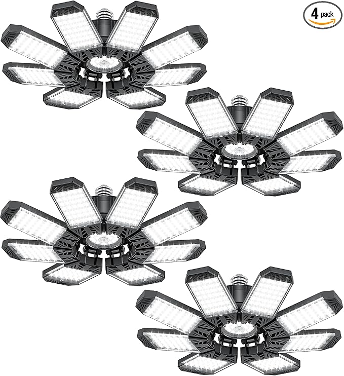 ISKYDRAW LED Garage Lights, 4 Pack Garage Lighting 260W 26000LM Bright Shop Ceiling Lights Screw Into E26 E27 Bulb Socket, Deformable 8+1 Panels 6500K Basement Bay Lighting for Workshop Barn Porch
