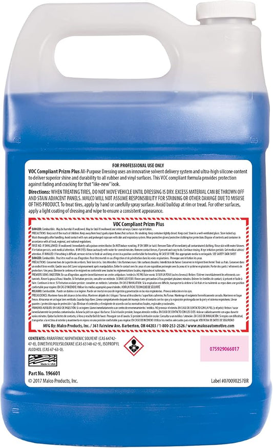 Malco Prizm Plus All-Purpose Dressing – Ultra High Silicone Formula Gives Superior Shine and Durability to Interior Rubber and Vinyl Surfaces/Protects Against Fading and Cracking/1 Gallon (196601)