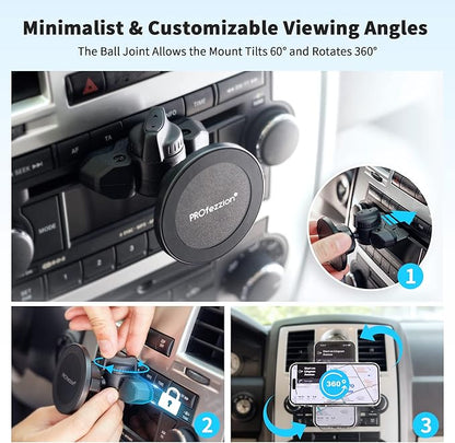 PROfezzion CD Slot & Vent Clip Combo Magnetic Phone Holder Compatible with MagSafe on Car CD Player Slot or Air Vent for iPhone 16 15 14 13 12 Pro Max Plus, Mag-Safe Case & All Phones