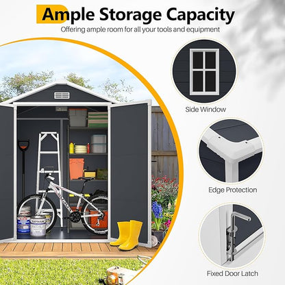 6*4.4 FT Resin Outdoor Storage Shed Plastic Shed with Floor, Reinforced Floor for Patio Furniture, Gardening Tools, Lawn Mower, Plastic Garden Shed with Lockable Door for Backyard (Charcoal)