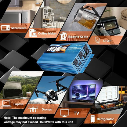 LVYUAN 1500 Watt Pure Sine Wave Inverter 12V to 110V 120V DC to AC with LCD Display, 3 U.S. Outlet, USB Charger Ports, Car Power Inverter for Vehicles, RV, Outdoor, Home