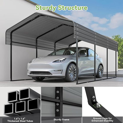 Real Relax 10x15FT Heavy Duty Metal Carport, Outdoor Carport Canopy with Galvanized Steel Roof and Reinforced Base for All-Weather, Garage Shelter Shade for Trucks, Boats, Party, Gray