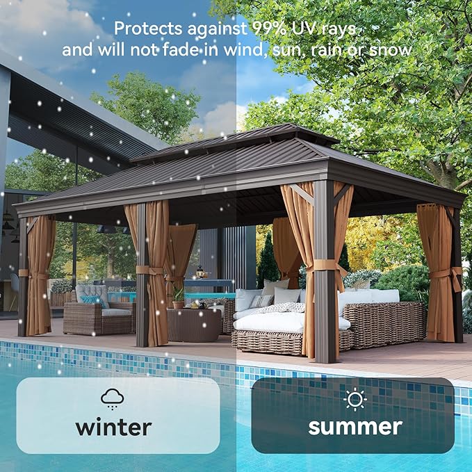 Aoxun 12' X 20' Permanent Hardtop Gazebo Aluminum Gazebo with Galvanized Steel Double Roof for Patio Lawn and Garden, Curtains and Netting Included, Brown