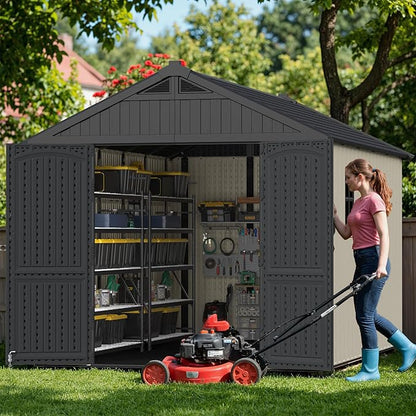 Greesum 8×12 FT Plastic Outdoor Storage Shed with Floor, Resin Sheds with Window and Lockable Door, Weather Resistant Organization for Garden, Lawn, Pool Supplies, Beige