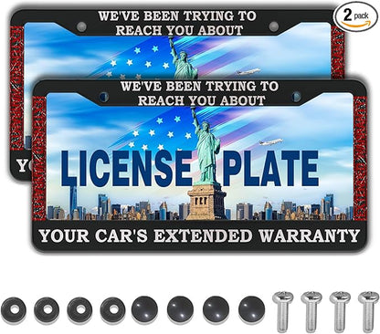 License Plate Frames Black and White License Plate Cover Car’s Extended Warranty Humorous Text Aluminum Metal Car Accessory 2 Pack with Screw Covers Set