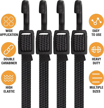 Bungee Cords, Flat Adjustable Bungee Cords with Hooks Heavy Duty 48 Inch, Elastic Rubber Black Bungee Straps with Buckle Hooks for Outdoor, Camping, Tarps, Bike Rack, Tent, Truck, 6 Pack