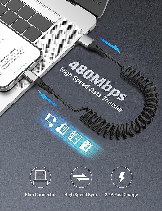 Coiled Lightning Cable for Car, 2Pack Retractable iPhone Charger Cable Fast Charging, [MFi Certified] Short Apple CarPlay USB to Lightning Cord for iPhone 14 13 12 11 Pro Max Mini XR XS 8 SE iPad