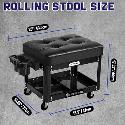 Rolling Mechanic Shop Stool with Wheels, Garage Mechanics Stool with 2 Layer Repair Tools Tray, Padded 360° Swivel Automotive Roller Creeper Seat Shop Chair, Heavy Duty, 330 LBS Capacity, Black