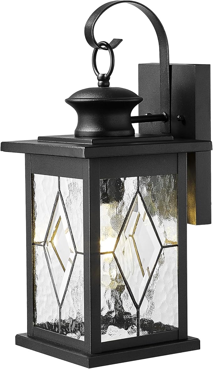 Emliviar Large Outdoor Wall Lantern 18 Inch, Black Front Porch Light with Water Grain Glass Shade, Outside Lights for House and Garage, 1810-BW2-SD