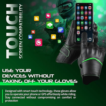 aasportx Motorcycle Gloves - Men's Leather Motorbike Gloves with Touchscreen Function - Non-Slip Pads for Men & Women