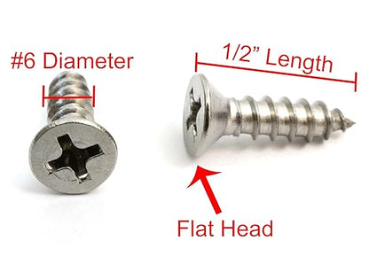 Bolt Dropper #6 x 1/2'' Stainless Steel Flat Head Phillips Wood Screw (100 Pack), 18-8 (304) Stainless Steel Sheet Metal Screws - Type A Point, Plain Finish