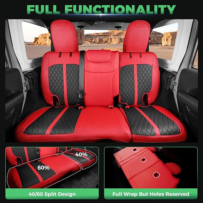 for Jeep Wrangler Seat Covers 4Door JL 2018 2019 2020 2021 2022 2023 2024 2025, Custom Fit Car Seat Cover Full Set, Luxury Waterproof Leather Seat Protectors, Red Black, W/O Rear Cup Holder