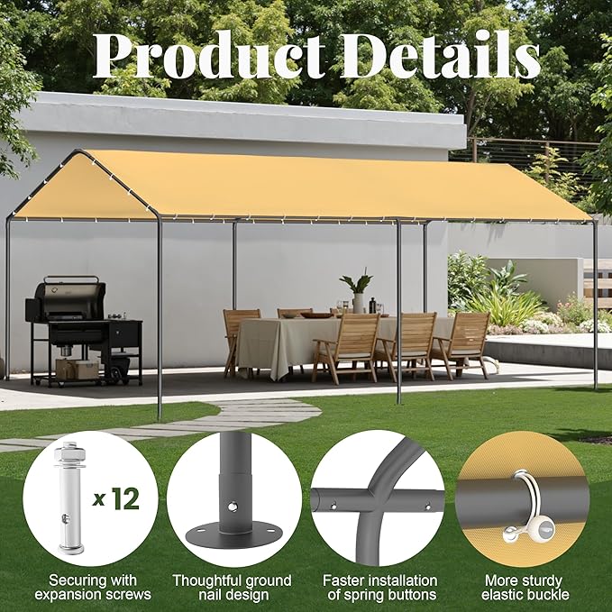 GOJOOASIS 10x20 Carport Heavy Duty Portable Garage Shelter Metal Car Canopy Tent with UV-Resistant & Weatherproof Top Cover for RV & Vehicles (Yellow, 10x20 Without sidewalls)