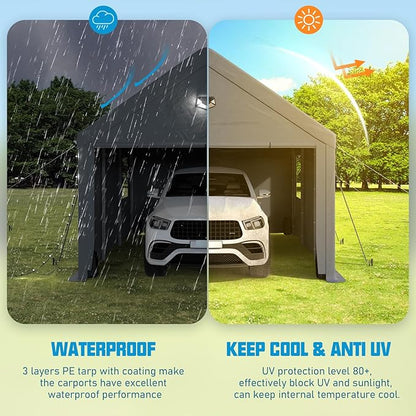 12x20 Carport Canopy, Heavy Duty Car Port, Portable Car Ports Garage with 2 Roll-Up Zipper Drive Through Doors, Grey