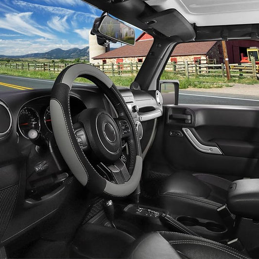 SEG Direct Car Steering Wheel Cover for F-150 Tundra Range Rover 15.5-16 inch, Black and Gray Microfiber Leather