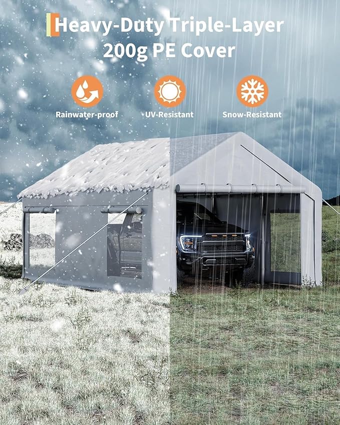 12 x 20ft Heavy-Duty Carport Canopy with Roll-Up Windows & DoorsThickened Wind Ropes, Ground Nails, Portable Car Tent Garage for Cars, Trucks, Boats, 180G Durable Tarp Cover,White