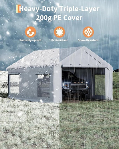 12 x 20ft Heavy-Duty Carport Canopy with Roll-Up Windows & DoorsThickened Wind Ropes, Ground Nails, Portable Car Tent Garage for Cars, Trucks, Boats, 180G Durable Tarp Cover,White