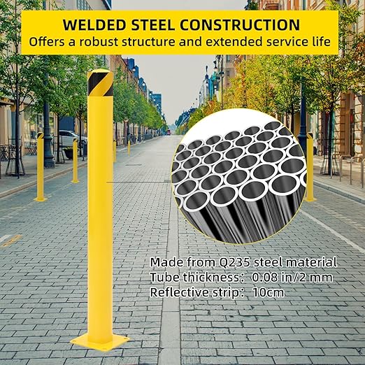 4-Pack Heavy Duty Safety Bollards, 48" Height, 4.5" Diameter Steel Pipe Bollard Post with 16 Anchor Bolts, High-Visibility Yellow Parking Bollard for Traffic Control, Warehouses, & Pedestrian Safety