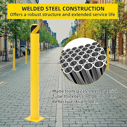 4-Pack Heavy Duty Safety Bollards, 48" Height, 4.5" Diameter Steel Pipe Bollard Post with 16 Anchor Bolts, High-Visibility Yellow Parking Bollard for Traffic Control, Warehouses, & Pedestrian Safety