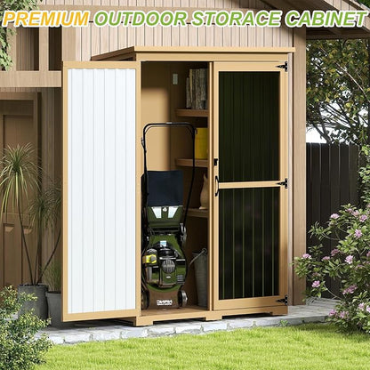 Outdoor Storage Shed with Shelf,Wood & Metal Storage Cabinet with Lockable Doors & Sloping Roof,Vertical Garden Shed for Patio Backyard,Tool Shed and Accessories, Brown