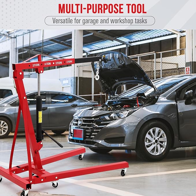 2 Ton Hydraulic Engine Hoist with Lever Stabilizer, Cherry Picker Engine Hoist, 4400LBS Heavy Duty Garage Crane with 6 Swivel Casters & Adjustable Telescopic Boom, for Auto Repair & Workshop (Red)