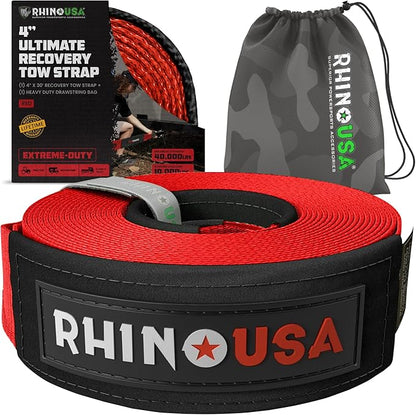 Rhino USA Recovery Tow Strap (4" x 30') - 40,320lb Break Strength - Emergency Recovery Strap Tow Rope for Diesel Trucks, Backhoe, Excavators & More - Heavy Duty Towing Strap for Offroad 4x4 Use (Red)