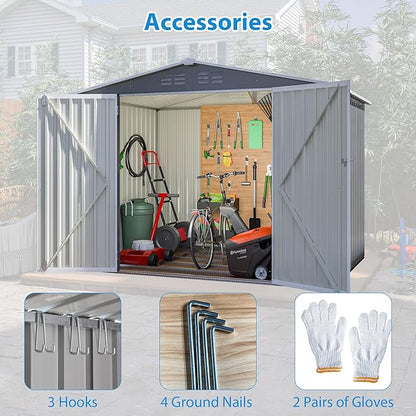 8 x 6 FT Outdoor Storage Metal Shed, Bike Garden Tool Shed with Slooping Roof, Lockable Doors and Aluminum Frames, Shed Easy to Assemble for Garden, Patio, Lawn, Grey