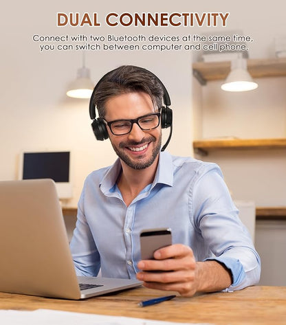 (Upgraded Version) Wireless Headset, Bluetooth Headset with Noise Cancelling Microphone, Best Headphones with Mic Mute & USB Dongle for PC/Computer/Laptop/Cell Phones/Remote Work/Call Center