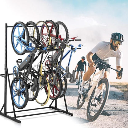 Freestanding Bike Storage Rack, Heavy Duty Vertical Bike Rack with 300LB Capacity, Hold 5 Bikes, Indoor Bicycle Organizer for Garage Storage with No Drilling Needed