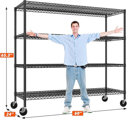 REIBII 60" W Storage Shelves 2878LBS Wire Shelving Unit with Wheels Heavy Duty Metal Shelving Adjustable Metal Shelves for Pantry,Kitchen,Garage,Basement,Business,Warehouse,School,60”W ×24”D×65.3”H