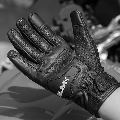 ILM Goatskin Leather Motorcycle Motorbike Powersports Racing Gloves Touchscreen for Men and Women Model DN01(XL, Black Unperforated)