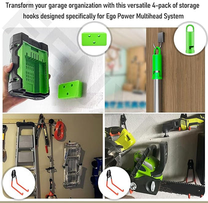 4 Pack Garage Storage Hooks Attachment for Ego Power Multihead System | Battery Mount Holder for Ego 56v Trimmer and Edger | Garage Hooks for Hanging Bike, Garden Tools