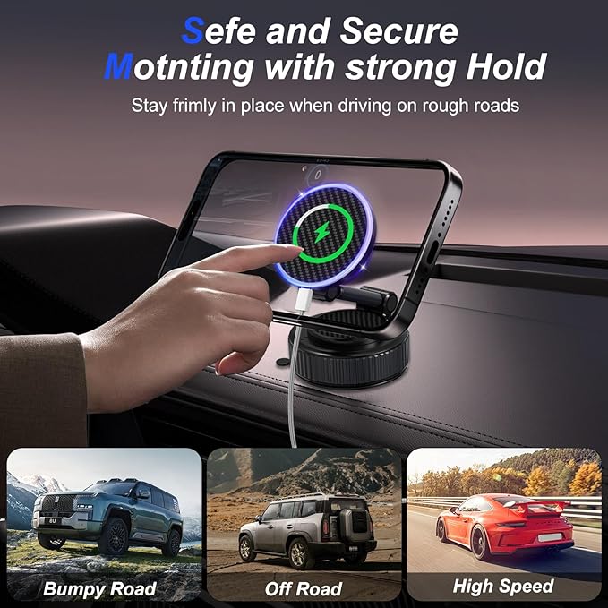 Magnetic Phone Charging Holder for Car - Upgraded 360° Vacuum Magnetic Phone Holder, Foldable Retractable Suction Cup Car Phone Mount for Magsafe for Your Car/Gym/Mirror Mount for iPhone & Android