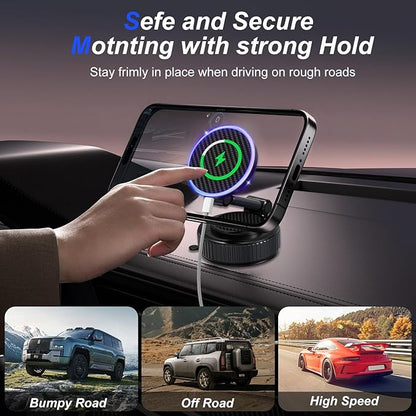 Magnetic Phone Charging Holder for Car - Upgraded 360° Vacuum Magnetic Phone Holder, Foldable Retractable Suction Cup Car Phone Mount for Magsafe for Your Car/Gym/Mirror Mount for iPhone & Android
