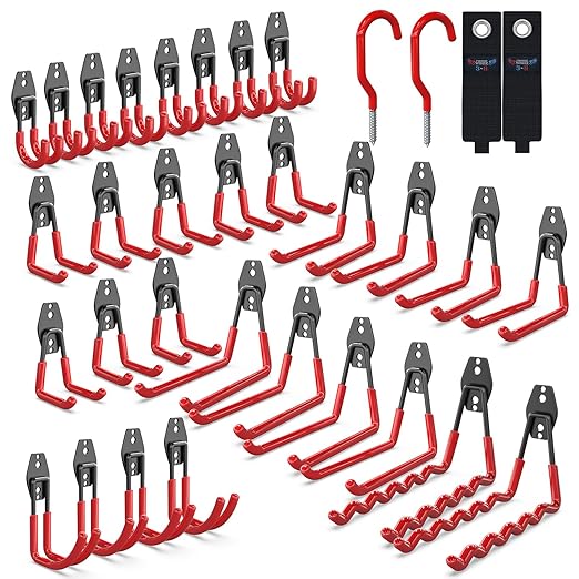 3-H Garage Wall Hooks 34 Pack, Garage Hooks Heavy Duty with Extra Welding Spots, Garage Organizer for Garden, Lawn, Chairs, Ladders, WeedEater, Shovel (Red)