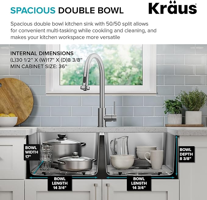 KRAUS Fairlane 33-inch Undermount Double Bowl 18-Gauge Stainless Steel Kitchen Sink, KHU632-33