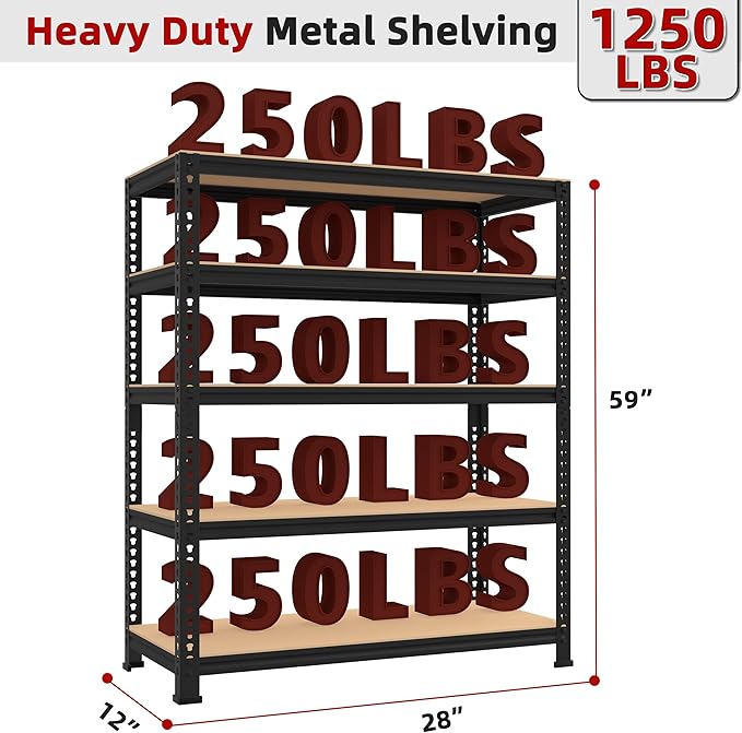 5-Shelf Heavy Duty Shelving - Adjustable Garage Storage Shelves, Metal Utility Storage Racks for Warehouse Pantry Basement Kitchen, Garage Organizers Shef Unit, Black, Packs of 3