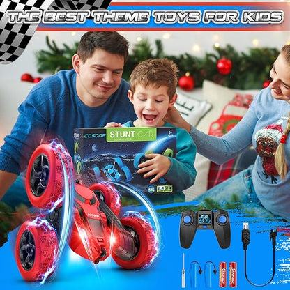 Remote Control Car for Boys - Car Toy for Kids Age 6 7 8 9, 4WD 2.4Ghz Double Sided 360° Rotating RC Cars with Headlights, Christmas Birthday for Boys and Girls - Red