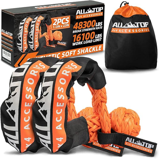 ALL-TOP Synthetic Soft Shackle Rope 1/2in x 22in (48300Lbs Max Break) UHMWPE Recovery Tow Shackles for Offroad 4x4 Vehicles, 2 PCS