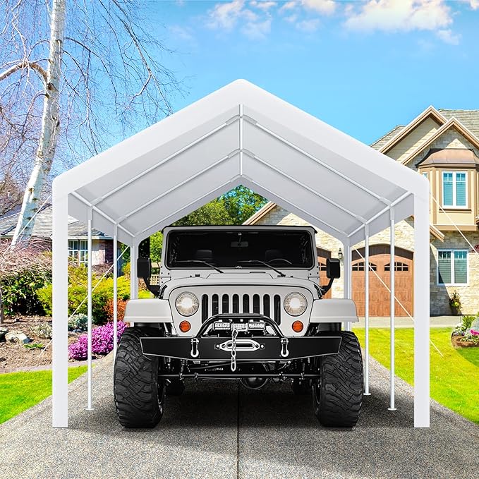 COBIZI Carports 10x20 Heavy Duty Car Tent Garage, Galvanized Frame Car Canopy Outdoor Shelter Waterproof & UV Protected with Windproof Ropes & Built-in Sandbags for Car Truck Boat, White